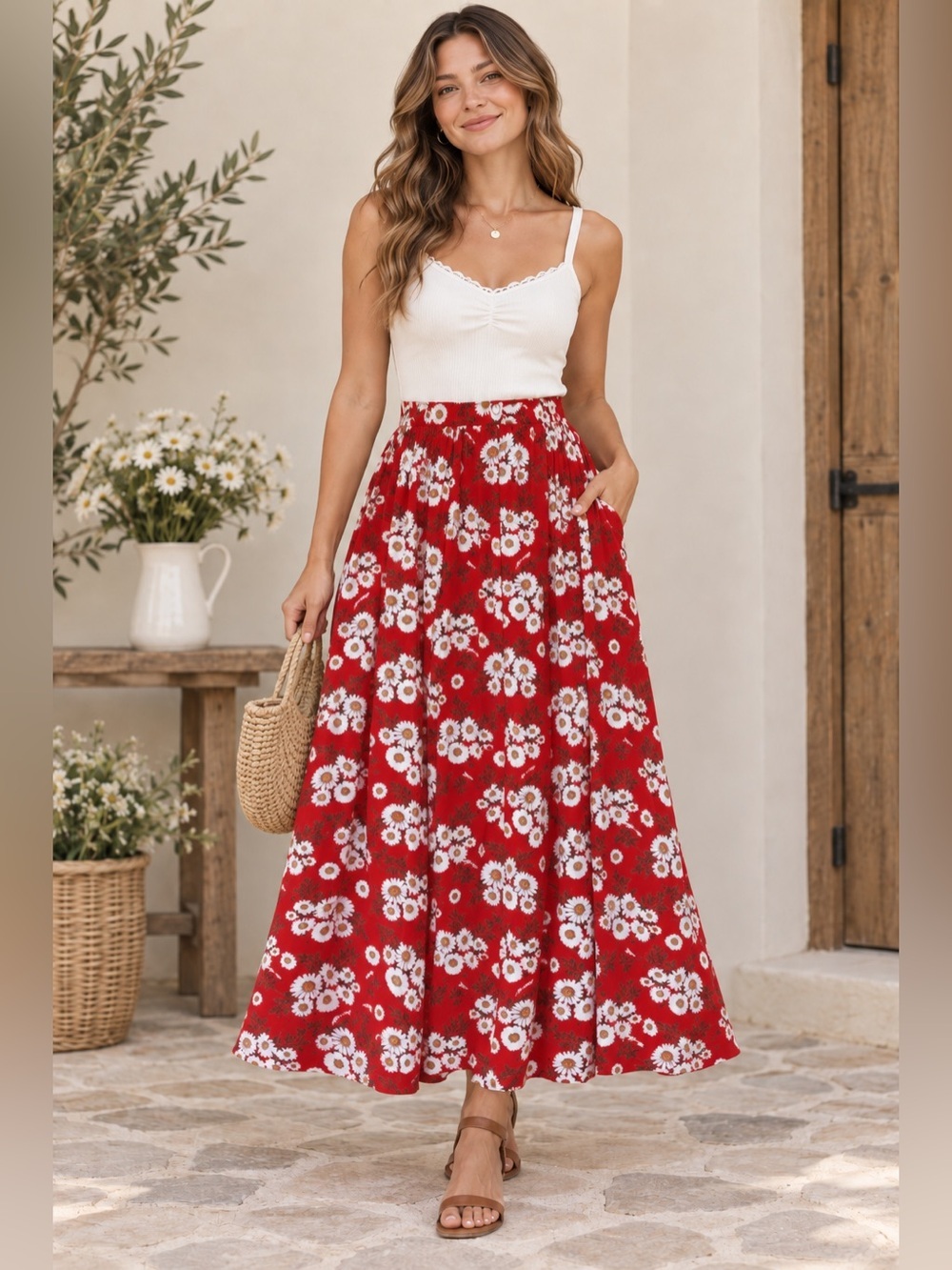 Red Daisy Maxi Skirt Pockets Women S Fall Cottagecore Flower Child Floral